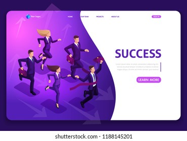 Landing page Isometric Business Success Concept. Entrepreneur business man leader. Businessman and his team. Website template design. Easy to edit and customize.