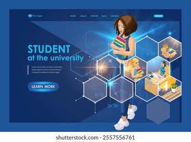 Landing page Isometric. Girl characters constructor for design. Illustration of scenes with girl taking part in student events. Trendy vector style.