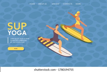 Landing page isometric guy and girl doing sup yoga on surfboard. 3d concept illustration