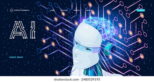 Landing page Isometric. Header of the Artificial Intelligence website. Female robot with built-in artificial intelligence