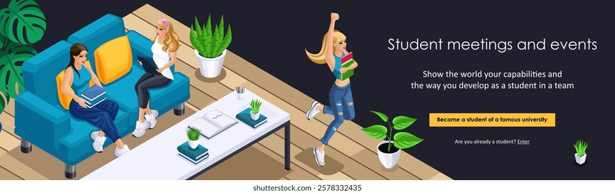 Landing page Isometric. The header of the site with a vivid illustration of student life. Student events and meetings. Trendy illustration vector style
