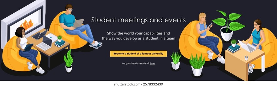 Landing page Isometric. The header of the site with a vivid illustration of student life. Student events and meetings. Trendy vector style