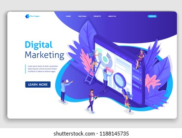 Landing page Isometric team of specialists working on digital marketing strategy landing page. Digital marketing. Easy to edit and customize.