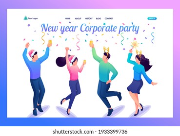 Landing Page Isometry. Businessmen At a New Year's Corporate Party. Employees Dance And Drink. Vector Illustration.