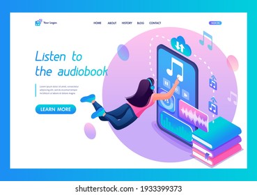 Landing Page Isometry. Girl Listens To an Audiobook on Her Smartphone Through App. Vector Illustration.