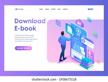 Landing Page Isometry. Man Downloads An Audiobook To His Smartphone For Training. Online Learning. Vector Illustration.