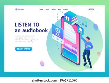 Landing Page Isometry. Man Listens To An Audiobook On His Smartphone. Online Learning. Vector Illustration.