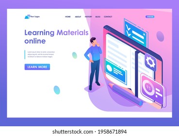 Landing Page Isometry. Man is Studying Educational Material on a Tablet. Online Learning. Vector Illustration.