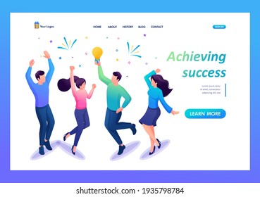 Landing Page Isometry. Team Celebrates Success, Team Success. Achieving a Business Goal. Vector Illustration
