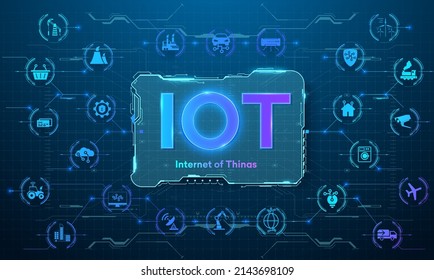 landing page It. Internet of things devices and connectivity concepts on a network. Spider web of network connections with on a futuristic blue background. Global Global network and telecommunications