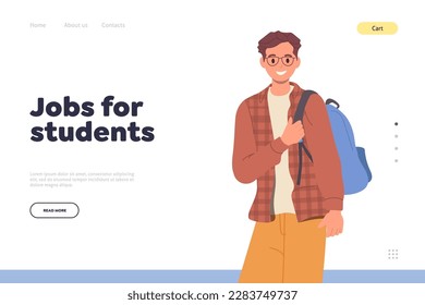 Landing page with jobs for student concept and portrait of happy teenager boy holding backpack