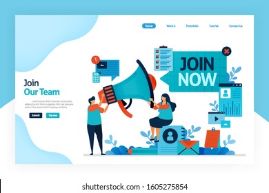 Landing page of join now. hiring and open recruitment of employee. referral memberships business. megaphone for refer a friend. resume application and job interview. designed for website, mobile app