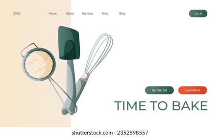 Landing page with kitchen silicone spatula, whisk, sieve for homemade cooking. Baking tools, utensils, supplies, bakery stuff. Bakery shop, sweet products, dessert. Vector for banner, website, banner.