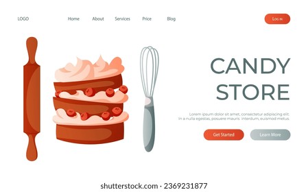 Landing page with kitchen whisk, rolling pin, baked cake for homemade cooking. Baking tools, utensils, supplies, stuff. Baking shop, cooking, sweet, dessert. Vector for banner, website, banner