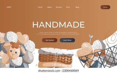 Landing page with knitted clothes, toy sheep, basket with wool balls. Skein of yarn.Tools, equipment for knitwork, handicraft. Handmade needlework, hobby. Knitting studio poster, banner, cover, card.