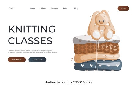 Landing page with knitted clothes, toy rabbit. Knitting classes.Skein of yarn.Tools, equipment for knitwork, handicraft. Handmade needlework, hobby. Knitting studio poster, banner, cover, card. Vector