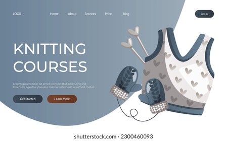 Landing page with knitted woolen mittens, sweater, needles. Skein of yarn.Tools, equipment for knitwork, handicraft. Handmade needlework, hobby. Knitting studio poster, banner, cover, card. Vector