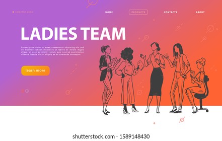 Landing page with ladies team business concept. Women in office suit standing together. Partnership, team work success. Hand drawn sketch style. Vector illustration.