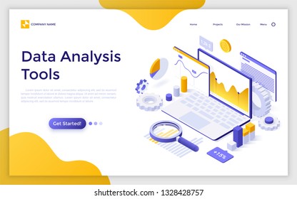 Página de destino com laptop, diagramas de gráficos, gráficos e local para texto. Ferramentas para análise de dados, análise estatística ou financeira. Ilustração vetorial isométrica criativa para propaganda.