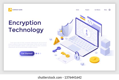 Landing page with laptop computer, cryptographic protocol, shield, lock and key. Encryption technology, secure data transmission, protection of information. Modern isometric vector illustration.