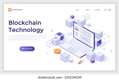 Landing page with laptop computer surrounded by cubes and bitcoins. Concept of blockchain technology. Isometric vector illustration for cryptocurrency project advertisement, presentation, website.