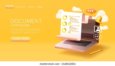 Landing page laptop document, banner message. Vector illustration