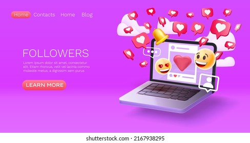 Landing page laptop followers, website banner message. Vector illustration