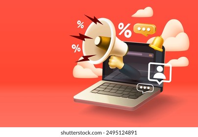 Landing page laptop information, website banner message. Vector illustration