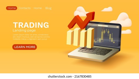 Landing page laptop trading, website banner message. Vector illustration