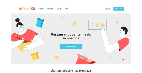Landing page layout, delivery of meal kits and food delivery concepts. People cooking dinner and ordering food. Vector illustration in flat and outline style