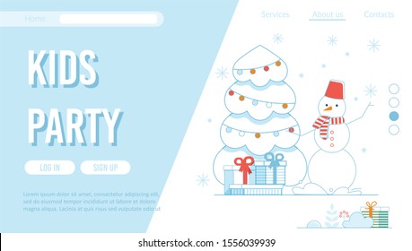 Landing Page Layout Offer Winter Rest and Kids Party Organization. Cartoon Snowman, Christmas Fir Tree Decorated with Ornament Balls Vector, Boxes with Gifts. Vector Flat Illustration with Text