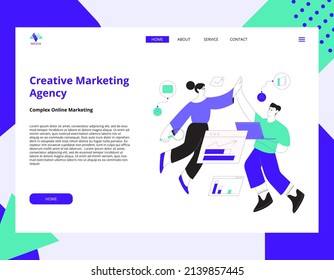 Landing page layout. People working on a digital marketing strategy, doing research and collecting data. Vector illustration in flat style and outline style