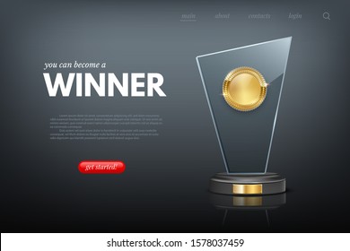 Landing page layout with winner award realistic design. Goal achievement, success, leadership. Victory in competition or business challenge. Become champion and get prize. Vector illustration