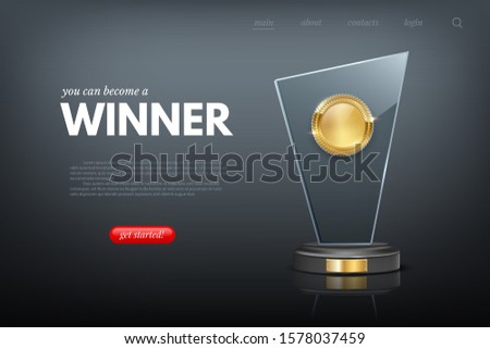 Landing page layout with winner award realistic design. Goal achievement, success, leadership. Victory in competition or business challenge. Become champion and get prize. Vector illustration