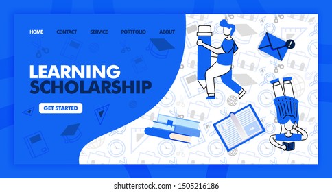 Landing page for learning and scholarship in line style and cartoon flat illustration. Girl read and holding pencil with stationary background pattern. Can for Website, UI UX, Web, Mobile App, Poster