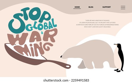 Landing page with lettering Stop global warming fry in fry pan. Climate change and polar bear, penguin die out.   Global problem with big emissions co2. Vector illustration carbon footprint.