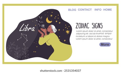 Página inicial com signo do zodíaco de libra, horóscopo feminino de avatar. Personagem mulher moderna, personalidade astrológica elegante. Moça da moda com chifres, cordeiro, cabra. Ilustração vetorial gráfica plana.