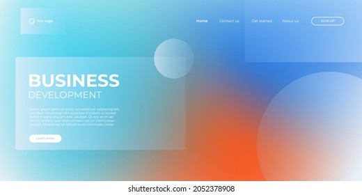 Landing page light blue and orange banner template. Abstract background 3d illustration, business technology interface concept. Vector layout design.