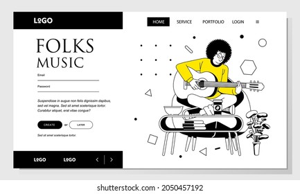 landing page line art vector illustration of a man with afro hair playing guitar with monochrome color. used for landing page image and other