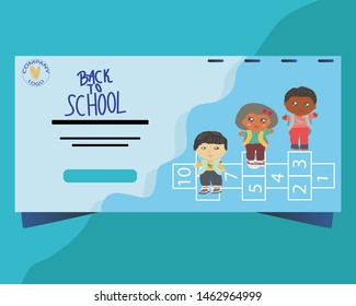 Landing page with little kids playing in school hallways. Back to school concept. Vector