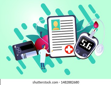 Landing page with magnifier and blood glucose testing meter, doctors, artery, tiny people. Diabetes mellitus, type 2 diabetes and insulin production concept vector.