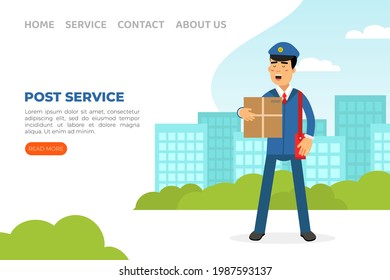 Landing Page with Mail Carrier or Mailman as Employee of Postal Service Delivering Mail and Parcels to Residence Vector Template