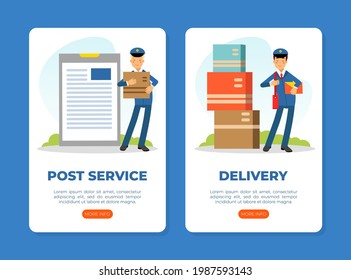 Landing Page with Mail Carrier or Mailman as Employee of Postal Service Delivering Mail and Parcels to Residence Vector Template