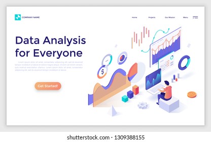 Landing page with man or analyst working on laptop and analyzing statistical or financial information. Big data or stock market analysis for everyone. Isometric vector illustration for web banner.