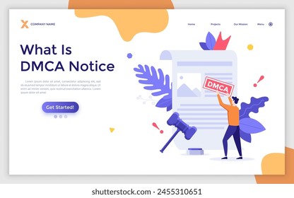 Landing page with Man attaching DMCA notice to legal document, gavel. Concept of intellectual property right infringement notification, copyright infringing material. Modern flat vector illustration