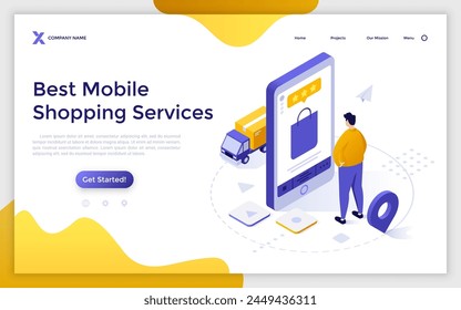Landing page with man buying goods and controlling delivery via app. Mobile shopping concept isometric vector illustration. Internet service for ordering and tracking parcels 3d composition
