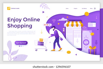 Landing page with man carrying supermarket cart, holding smartphone, buying products in internet store and place for text. Enjoy online shopping. Flat vector illustration for mobile app advertisement.
