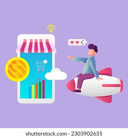 Landing page with man carrying supermarket cart, holding smartphone, buying products in internet store and place for text. Enjoy online shopping. Flat vector illustration for mobile app advertisement.