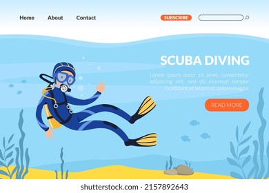 Landing Page with Man Character in Diving Suit and Goggles Swimming Underwater Vector Template