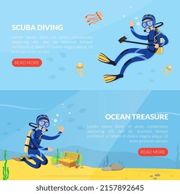 Landing Page with Man Character in Diving Suit and Goggles Swimming Underwater Vector Template